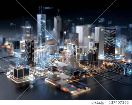 デジタル都市のワイヤーフレームモデル｜スマートシティ構造イメージ 137407396