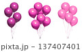 Pink balloon bday bunch, 3d birthday violet balls float ribbon. Purple minimal vector balons on thin string, happy anniversary party decor mockup. Air helium inflated bound event congratulation gift 137407401
