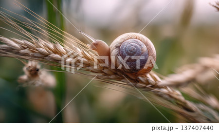 Elegant snail resting on golden wheat stalk 137407440