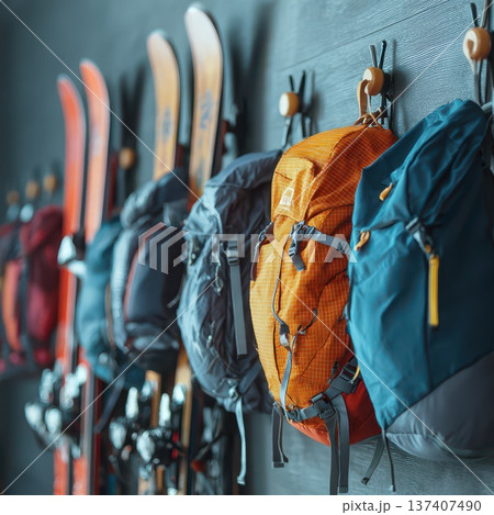 Ski gear showcased on a cozy wall display 137407490