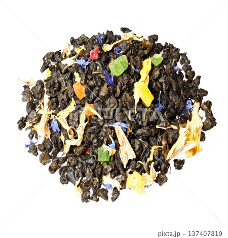 Small pile of big leaf black tea mixed with herbs and dry fruits. Calendula, sunflower, cornflower, rosehip berries. Small pile of big leaf black tea mixed with herbs and dry fruits. Calendula, sunflower, cornflower, rosehip berries. 137407819