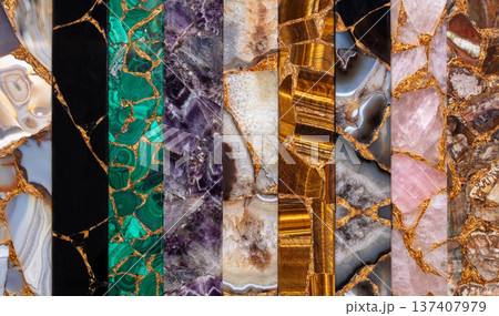 Set of semi precious stones. Agate Atena, Tigers Eye Golden, Rose Quartz, Petrified wood, Black Obsidian, Amethyst, Malachite. Set of semi precious stones. Agate Atena, Tigers Eye Golden, Rose Quartz, Petrified wood, Black Obsidian, Amethyst, Malachite. 137407979