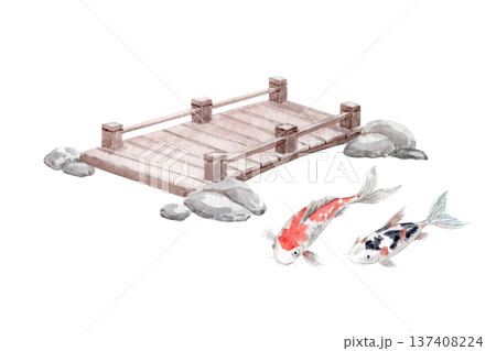 Watercolor Japanese garden set with wooden bridge, koi fish and stones isolated on white. Hand painted zen landscape elements perfect for spa branding, oriental posters and tranquil design 137408224