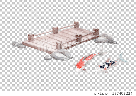 Watercolor Japanese garden set with wooden bridge, koi fish and stones isolated on white. Hand painted zen landscape elements perfect for spa branding, oriental posters and tranquil design 137408224