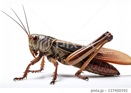 A locust on a white background. Locusts are distinguished by their long hind legs, designed for jumping, and developed wings for flight. 137408392