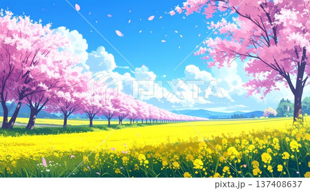 春の風景イラスト｜桜並木と菜の花畑が広がる明るい春の背景 137408637