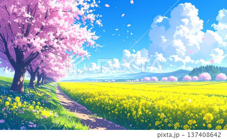 春の風景イラスト｜桜並木と菜の花畑が広がる明るい春の背景 137408642
