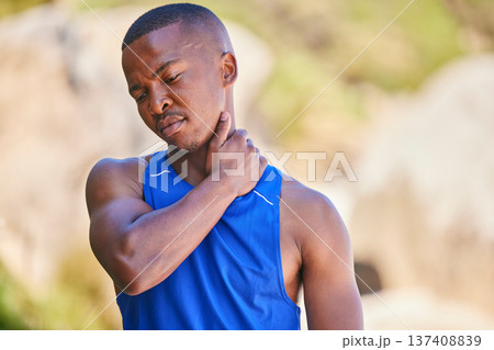 Neck pain, sport and black man outdoor, accident and fitness exercise in training workout. Body, injury and arthritis of athlete, muscle problem or fibromyalgia in medical emergency for osteoporosis 137408839