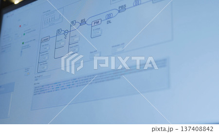 Quantum computing cryptography displaying binary code and optical diagram on screen 137408842