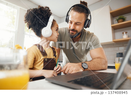 Father, child and headphones on laptop for home education, e learning support and helping with translation. Happy dad, family and boy kid on computer and listening to audio for language and teaching 137408945