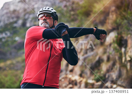Man, cyclist and stretching body on mountain in sports fitness, workout or outdoor exercise in nature. Active male person or athlete in warm up, cycling or ready for cardio marathon or training Man, cyclist and stretching body on mountain in sports fitness, workout or outdoor exercise in nature. Active male person or athlete in warm up, cycling or ready for cardio marathon or training 137408951