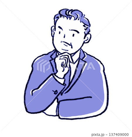 顎に手を当てて考えるミドルビジネスマン【鉛筆画青系】 137409000