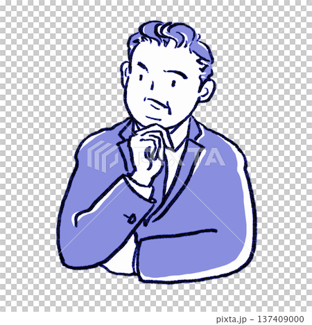 顎に手を当てて考えるミドルビジネスマン【鉛筆画青系】 137409000