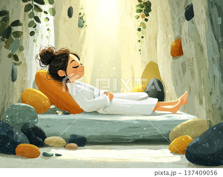 美優シリーズ：静かな岩盤浴空間でくつろぐ女性｜癒しのウェルネススパイメージ（絵本調） 137409056
