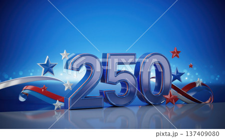 250 years anniversary USA. Celebratory 250th anniversary with stars and ribbons on blue background 137409080