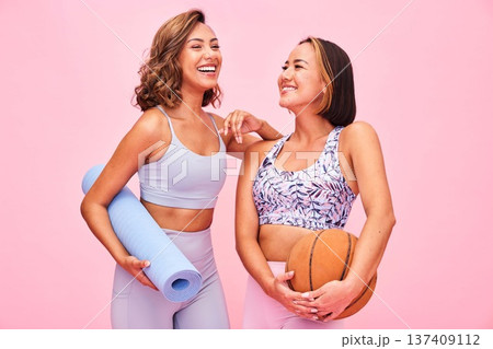 Friends, fitness and women on pink background for yoga, training and exercise with ball and yogi mat. Sports, happy and people in studio with gym equipment for wellness, workout and healthy body 137409112