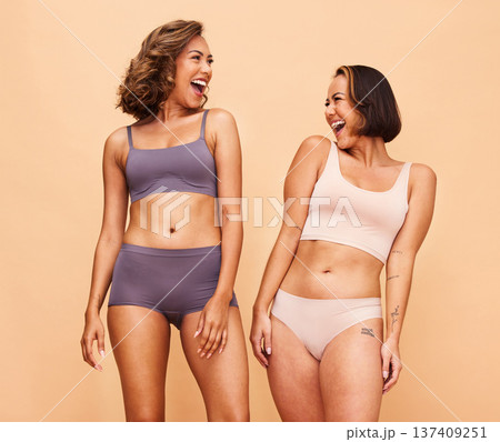 Beauty, self love and friends with women laughing in studio for health, body and cosmetics. Spa, diversity and skincare with people on beige background for support, pride and solidarity on mockup Beauty, self love and friends with women laughing in studio for health, body and cosmetics. Spa, diversity and skincare with people on beige background for support, pride and solidarity on mockup 137409251