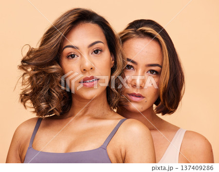 Beauty, diversity and makeup and portrait of women in studio for health, glow and cosmetics. Spa, self love and skincare with face of people on beige background for support, pride and mockup 137409286