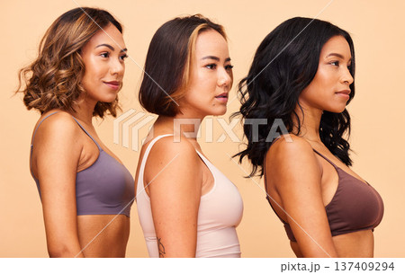 Confident, women and diversity in beauty, studio or beige background with friends, group of people or profile in salon. Natural, cosmetics and female models with confidence, pride and self care 137409294