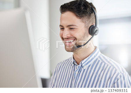 Customer service, call center and happy consultant or man speaking online for technical support, advice or help. Employee, talking and consulting person In Portugal working in crm for tech startup Customer service, call center and happy consultant or man speaking online for technical support, advice or help. Employee, talking and consulting person In Portugal working in crm for tech startup 137409331