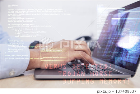 Coding, laptop with virus and hands, cybersecurity and programmer typing, person and software update. Malware safety, information technology and code with upgrade, ransomware and programming overlay Coding, laptop with virus and hands, cybersecurity and programmer typing, person and software update. Malware safety, information technology and code with upgrade, ransomware and programming overlay 137409337