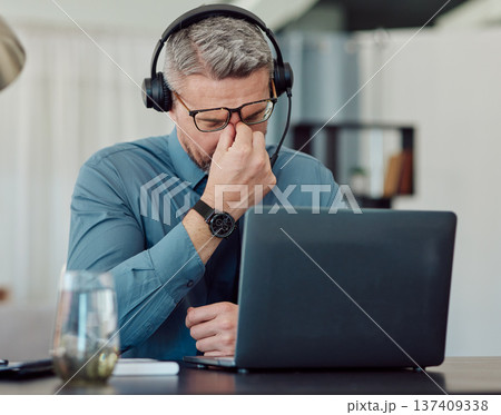 Senior businessman, call center and headache in burnout, mistake or stress in customer service at office. Frustrated mature man, consultant or agent in depression, overworked or migraine at workplace 137409338