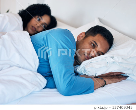 Frustrated couple, fight and lying in bed breakup, divorce or argument from disagreement or dispute at home. Upset woman and man in conflict, cheating affair or toxic relationship in bedroom at house 137409343