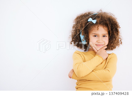 Child, headphones and portrait with music, radio streaming and web audio in a studio. Happy, young girl and kid with white background and mockup space for marketing with kids sound and listening 137409428