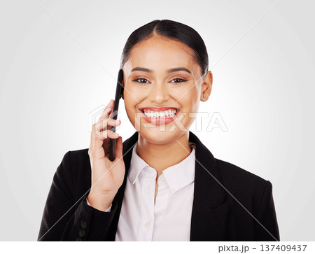 Portrait, business and woman with phone on call for networking, face and digital in studio on white background. Communication, person and smile with smartphone for contact, chat and professional 137409437