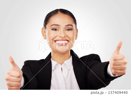 Happy woman, portrait and thumbs up in business success, winning or thank you against a studio background. Face of female person or employee smile in like emoji, yes sign or OK agreement and approval Happy woman, portrait and thumbs up in business success, winning or thank you against a studio background. Face of female person or employee smile in like emoji, yes sign or OK agreement and approval 137409440