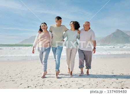 Love, smile and a family walking on the beach together for summer vacation or holiday in nature. Happy, freedom and travel with senior people, son or daughter outdoor for summer bonding by the ocean Love, smile and a family walking on the beach together for summer vacation or holiday in nature. Happy, freedom and travel with senior people, son or daughter outdoor for summer bonding by the ocean 137409480