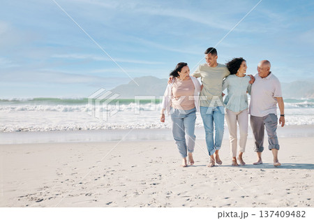 Love, mockup and a family walking on the beach together for summer vacation or holiday in nature. Sky, freedom and travel with senior people, son or daughter outdoor for summer bonding by the ocean 137409482