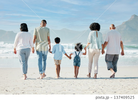 Back, beach and family holding hands, vacation and summer break with bonding, ocean and travel. People, grandparents and mother with father, children and love with seaside holiday, care and adventure Back, beach and family holding hands, vacation and summer break with bonding, ocean and travel. People, grandparents and mother with father, children and love with seaside holiday, care and adventure 137409525
