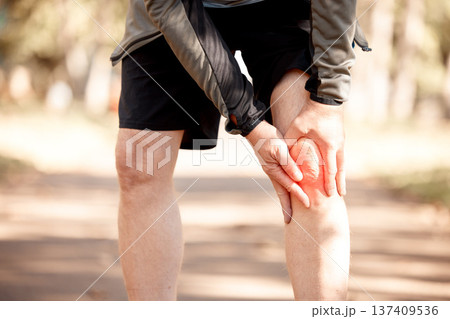 Runner, hands and knee pain in park, injury or outdoor for fitness, training or muscle emergency. Person, legs accident and exercise for osteoporosis, red overlay or arthritis in nature for workout Runner, hands and knee pain in park, injury or outdoor for fitness, training or muscle emergency. Person, legs accident and exercise for osteoporosis, red overlay or arthritis in nature for workout 137409536
