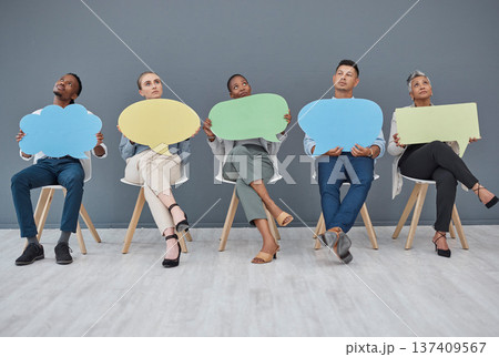 Thinking, office and business people with a speech bubble for social media, chat or contact information. Mockup, sitting and diversity of employees with a board for ideas, communication or opinion Thinking, office and business people with a speech bubble for social media, chat or contact information. Mockup, sitting and diversity of employees with a board for ideas, communication or opinion 137409567