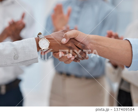 Success, welcome and handshake with business people in office for winner, deal and agreement. Contract, thank you and teamwork with closeup of employees shaking hands for meeting and congratulations Success, welcome and handshake with business people in office for winner, deal and agreement. Contract, thank you and teamwork with closeup of employees shaking hands for meeting and congratulations 137409584