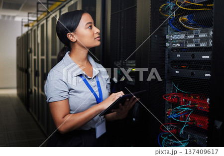 Woman, engineering tablet and server room, data center inspection or system solution for cybersecurity coding. IT person on digital technology, cables check and business power or programming hardware Woman, engineering tablet and server room, data center inspection or system solution for cybersecurity coding. IT person on digital technology, cables check and business power or programming hardware 137409617