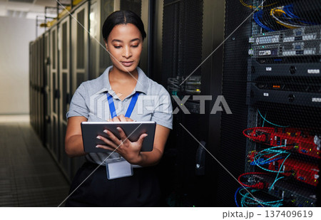 Woman, tablet and server room in inspection, programming and coding with system solution and cybersecurity. Engineering person on digital tech, hardware maintenance or business network in data center 137409619