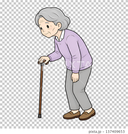 一位拄著拐杖的老婦人（左） 137409653