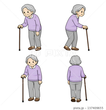 杖をつくおばあさん（4ポーズ） 137409655