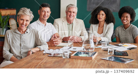 Business people, portrait and corporate team in a meeting with a smile, pride and collaboration. Professional men and women in an office for company strategy, planning and development with diversity Business people, portrait and corporate team in a meeting with a smile, pride and collaboration. Professional men and women in an office for company strategy, planning and development with diversity 137409692