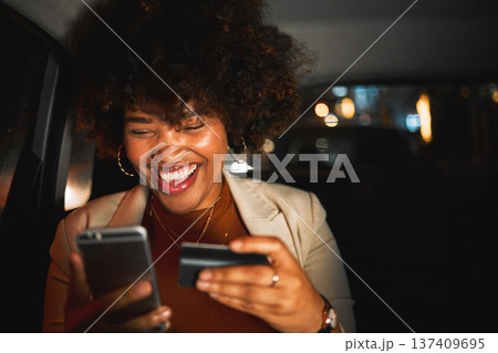 Black woman, smartphone and credit card, travel and online shopping in car at night, happiness and payment. Smile, e commerce and internet banking, app and transportation with account and fintech Black woman, smartphone and credit card, travel and online shopping in car at night, happiness and payment. Smile, e commerce and internet banking, app and transportation with account and fintech 137409695