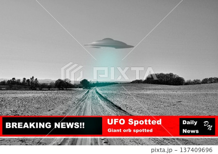 News, nature and broadcast of a ufo on television for science fiction or information on earth. Sky, universe and a spaceship or futuristic alien glow for fantasy or knowledge of the galaxy on tv 137409696