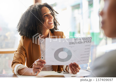 Happy, meeting and a woman with data for finance of a company, team planning and growth. Smile, thinking and a female accountant or employee with a graph for money management of an agency at work Happy, meeting and a woman with data for finance of a company, team planning and growth. Smile, thinking and a female accountant or employee with a graph for money management of an agency at work 137409697