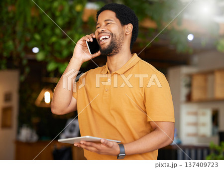 Business owner, phone call and tablet for restaurant communication, e commerce management, stock or sales. Happy african person or entrepreneur talking on mobile and digital tech for cafe networking 137409723