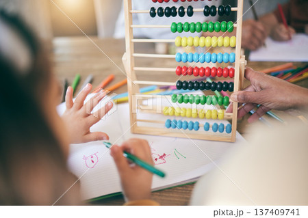 Education, math and child with grandmother, abacus or hand for counting, project or home school, kindergarten or lesson. Learning, fingers or kid with grandma in living room help, teaching or numbers 137409741