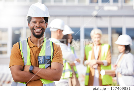 Black man, architect and arms crossed, construction site and maintenance, contractor job and smile in portrait. African engineer, confident and professional with urban infrastructure and renovation Black man, architect and arms crossed, construction site and maintenance, contractor job and smile in portrait. African engineer, confident and professional with urban infrastructure and renovation 137409881