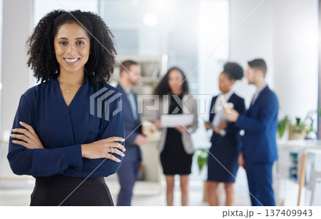 Crossed arms, leadership and portrait of businesswoman in the office with confidence, smile and team. Career, professional and young female corporate lawyer from Colombia in workplace with colleagues Crossed arms, leadership and portrait of businesswoman in the office with confidence, smile and team. Career, professional and young female corporate lawyer from Colombia in workplace with colleagues 137409943