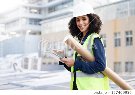 Engineering, tablet and an architect woman outdoor for planning, search or communication for project. Portrait of engineer person with technology in city for construction, architecture or design app Engineering, tablet and an architect woman outdoor for planning, search or communication for project. Portrait of engineer person with technology in city for construction, architecture or design app 137409956