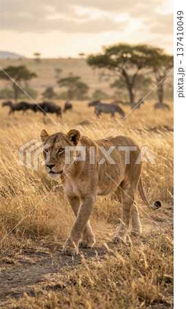 サバンナを歩く野生のメスライオン 獲物を狙う鋭い眼差し 全身 137410049